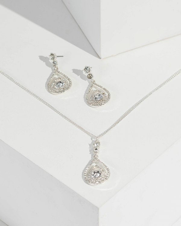 Silver Crystal Teardrop Earring And Necklace Set