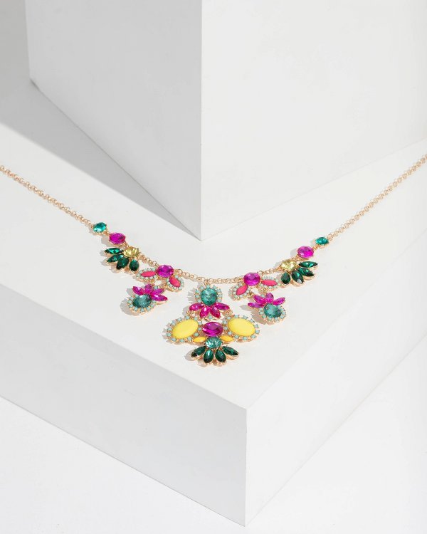 Multi Colour Multi Crystal Cluster Statement Necklace