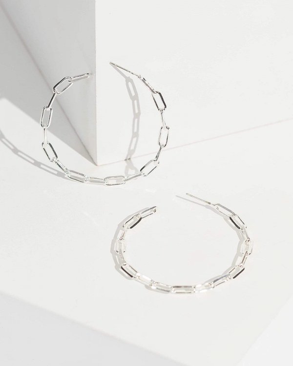 Silver Fine Chain Large Hoop Earrings